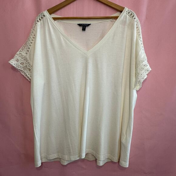 LAUREN RALPH LAUREN Top XXL V-Neck Short Sleeve Eyelet Lace Trim Resort Casual - Picture 1 of 5